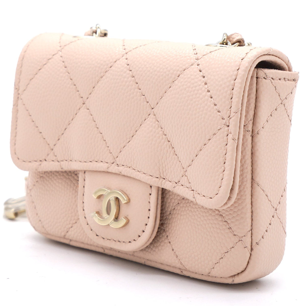 Pink Beige Quilted Caviar Leather Flap Holder with Belt Chain