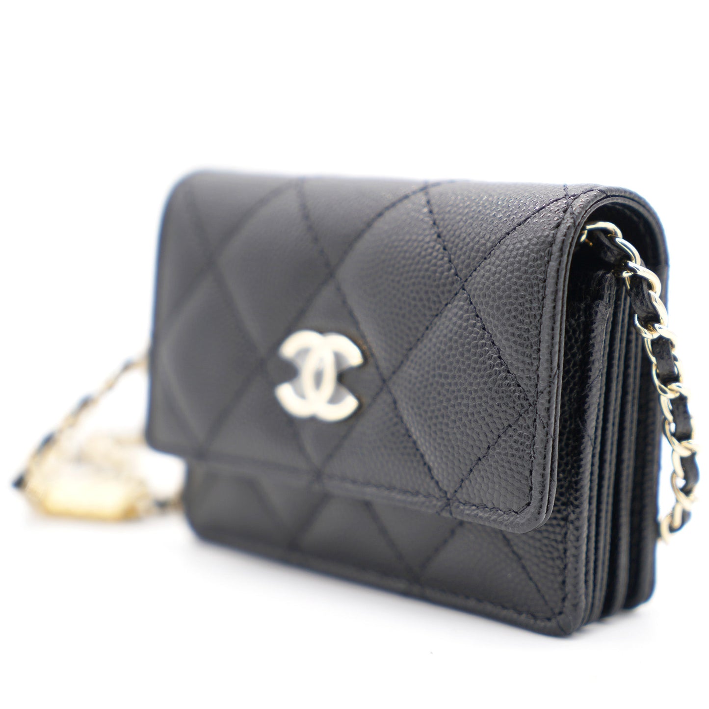 Black Quilted Caviar Leather Flap Holder with Charm Chain