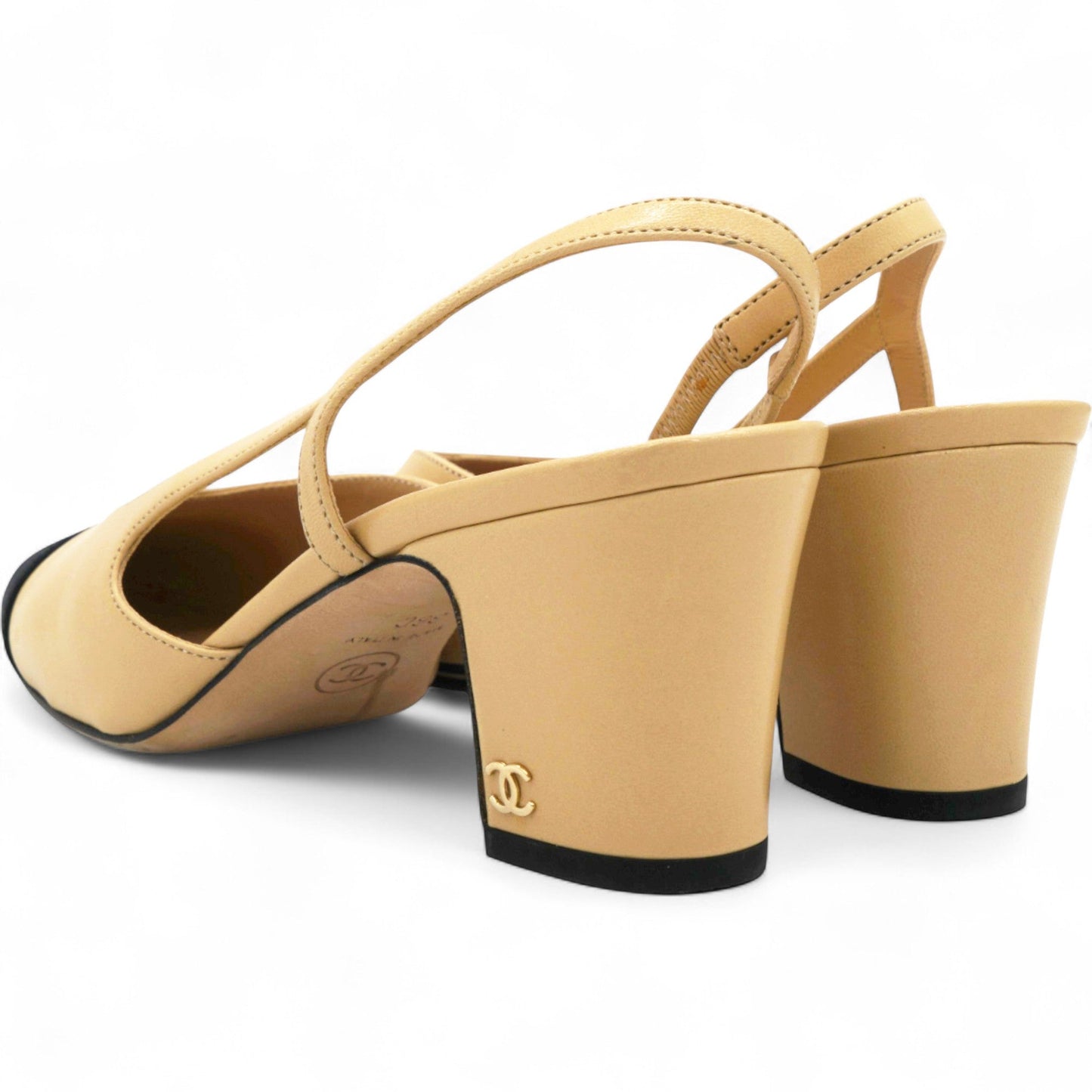 Goatskin Grosgrain Cap Toe CC Slingback Pumps Beige Black Size36