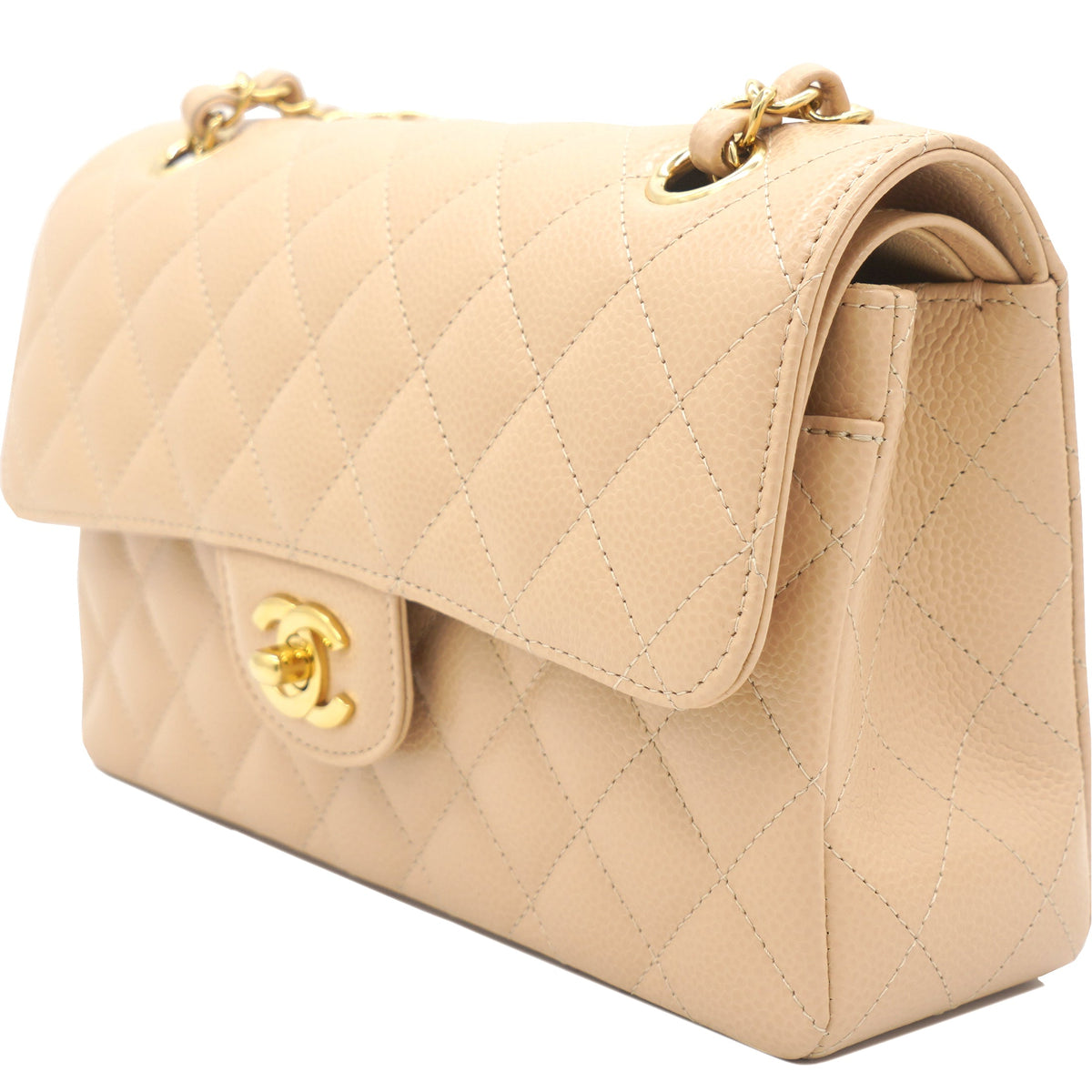 Caviar Quilted Small Classic Double Flap Beige