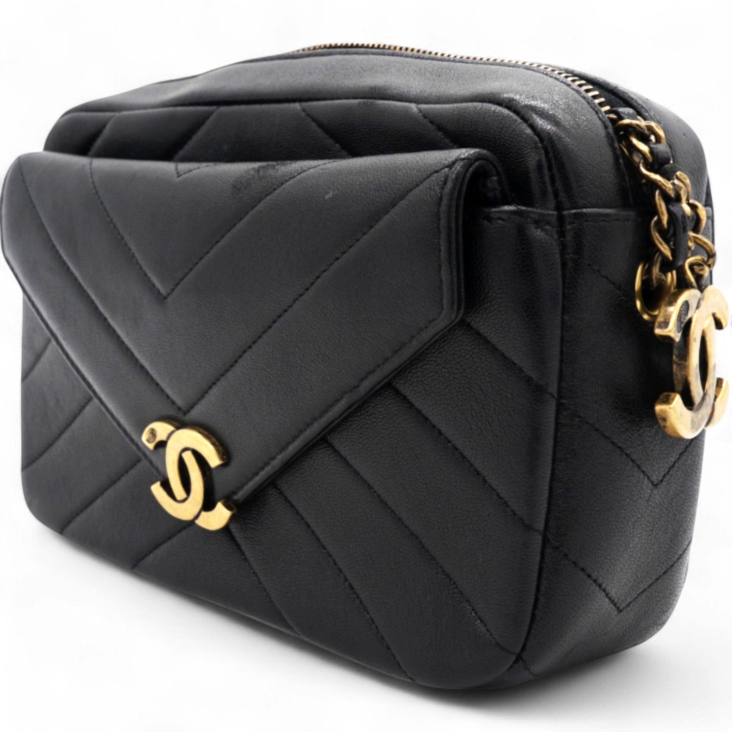 Lambskin Chevron Quilted Coco Envelope Flap Camera Case Black