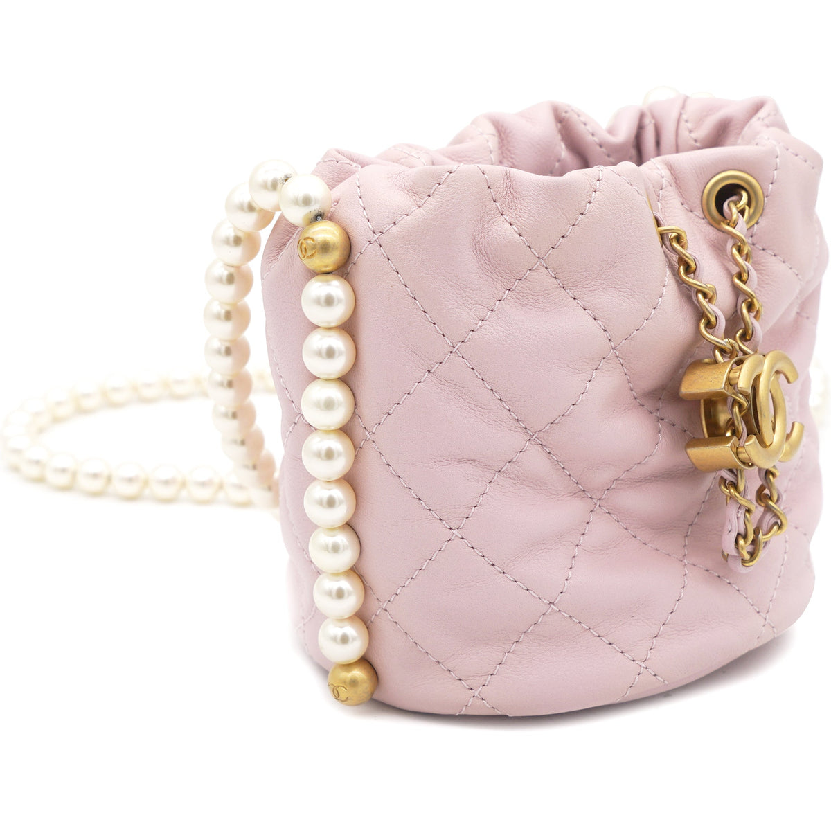 Calfskin Quilted Pearl Mini About Pearls Drawstring Bucket Light Pink
