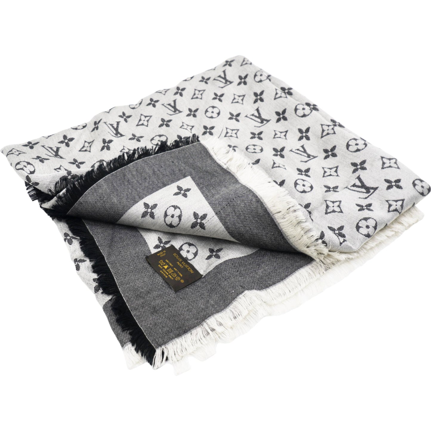 Louis-vuitton Wool Silk Monogram Denim Shawl Black 140