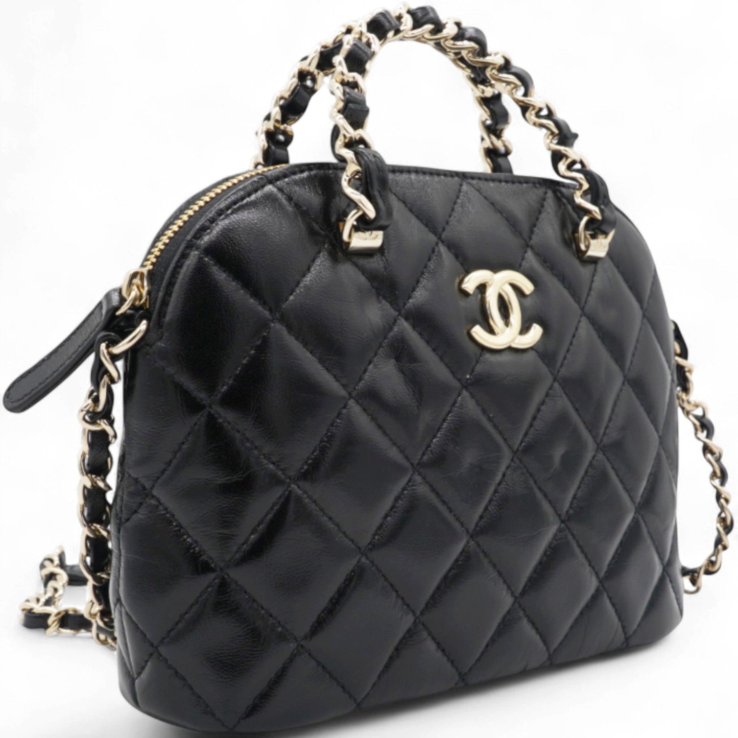 Shiny Lambskin Quilted Shiny Coco Clutch With Chain Black