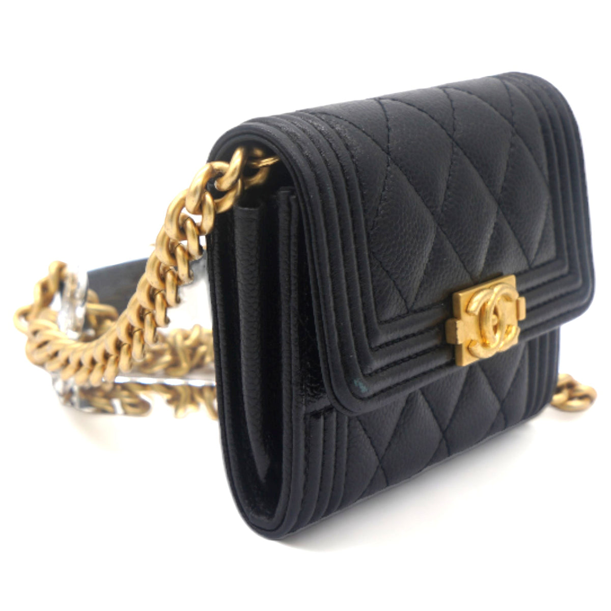 Black Caviar Leather Boy Card Holder with Chain