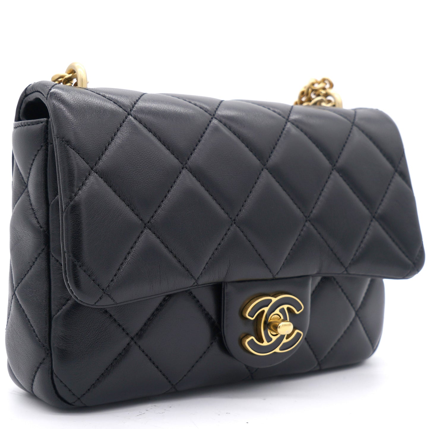 Lambskin Enamel Quilted Pending CC Mini Square Flap Black