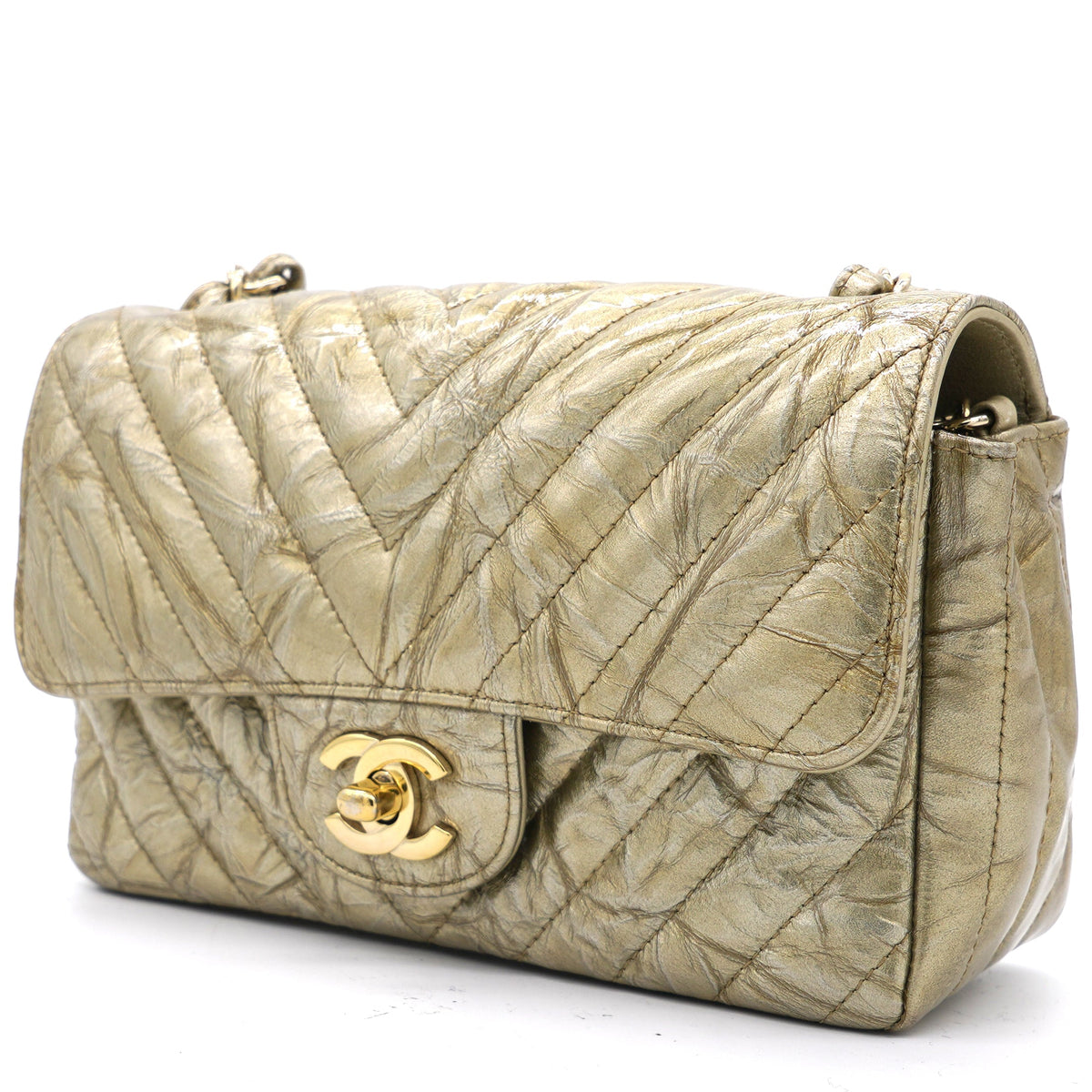 Patent Metallic Crumpled Calfskin Chevron Quilted Mini Rectangular Flap Gold
