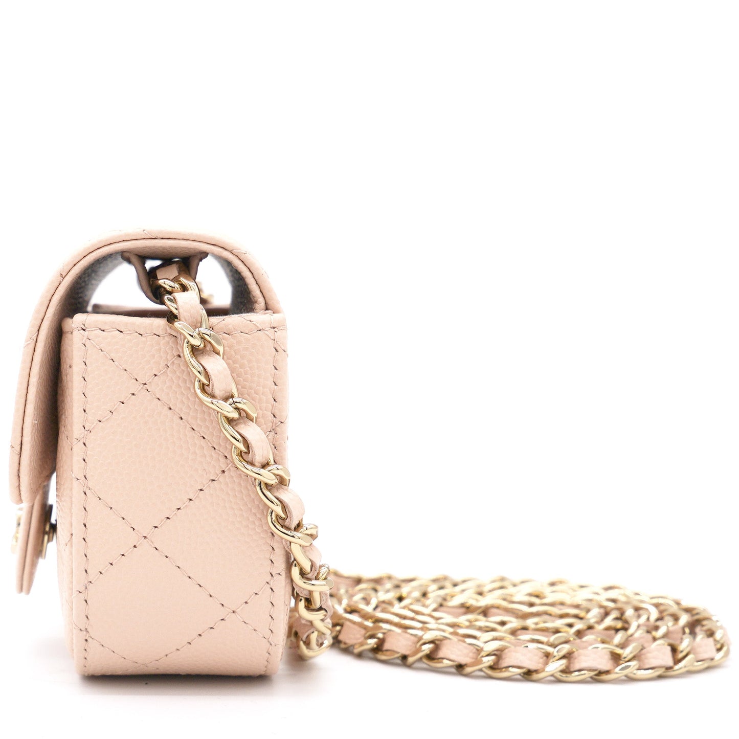 Pink Beige Quilted Caviar Leather Flap Holder with Chain