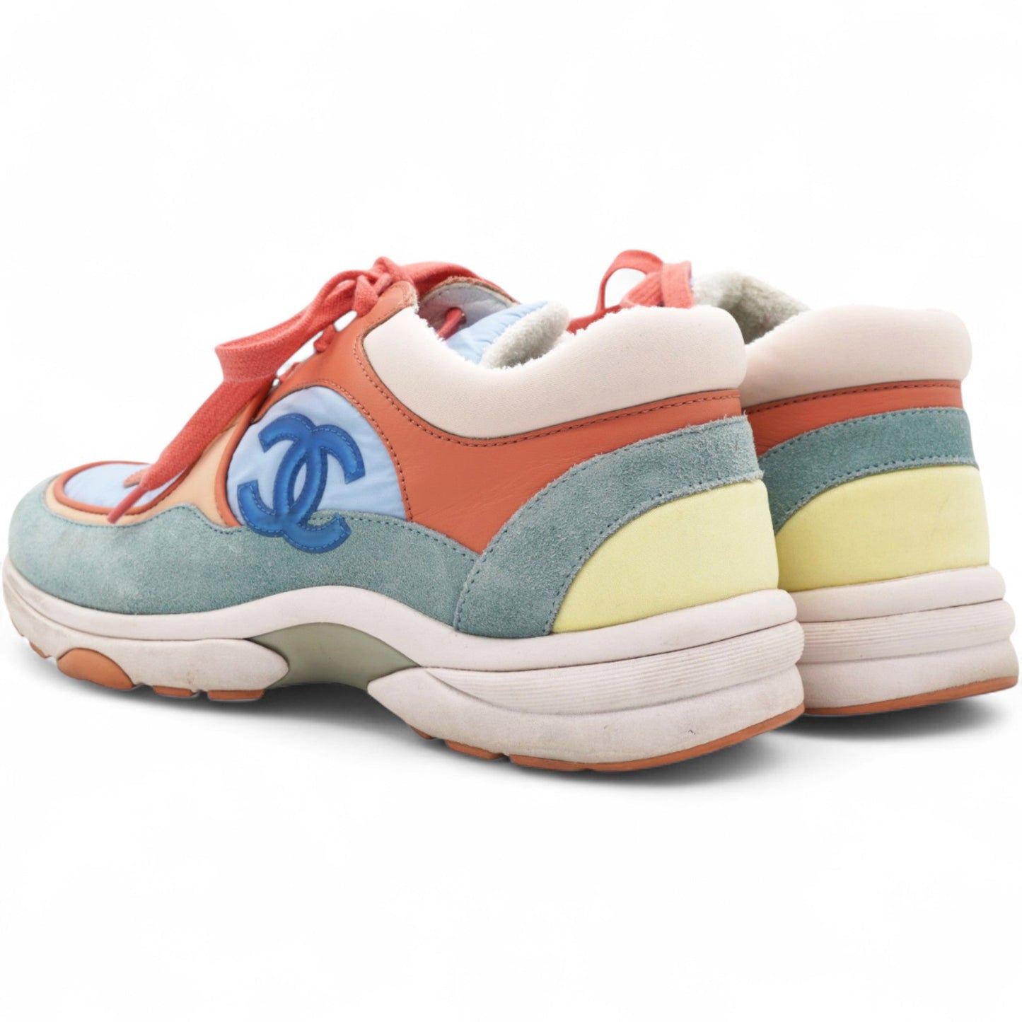 Nylon Lambskin Suede Leather CC Sneakers Coral Light Blue White Size37