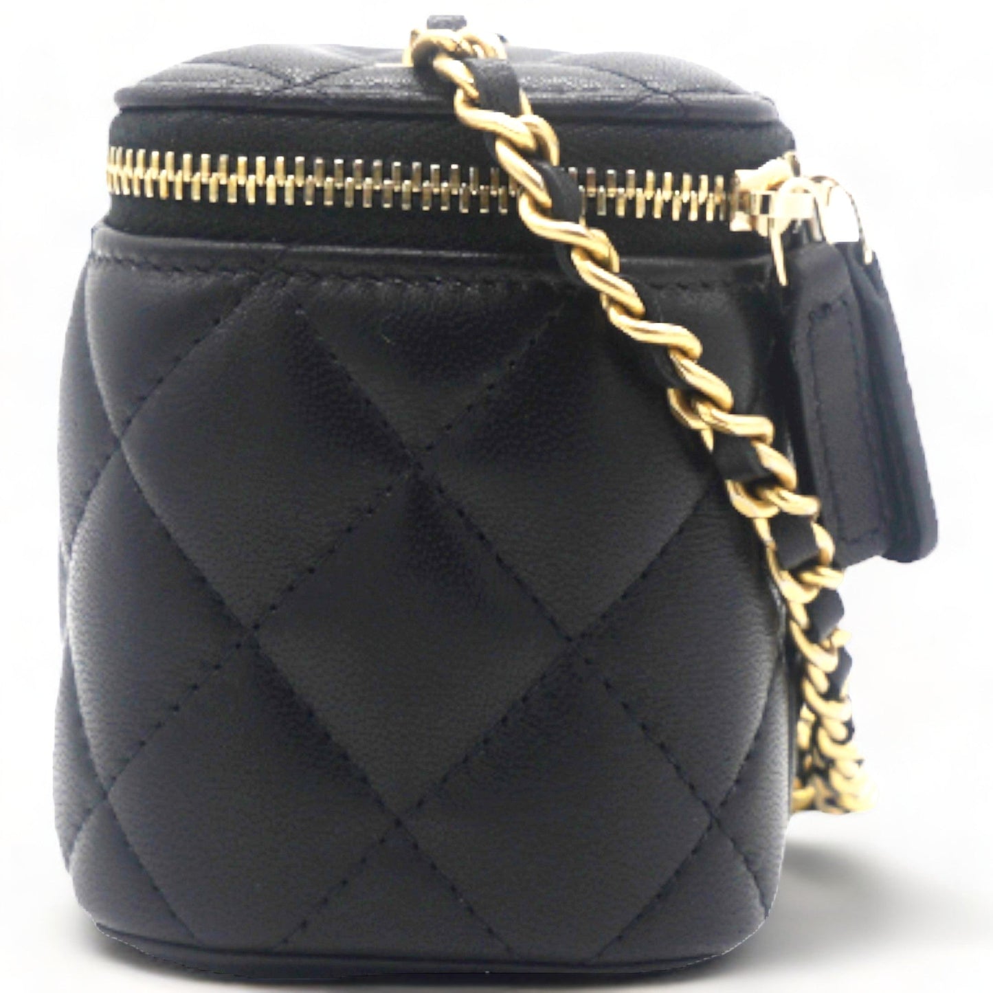 Lambskin Quilted Mini Pearl Crush Vanity Case with Chain Black