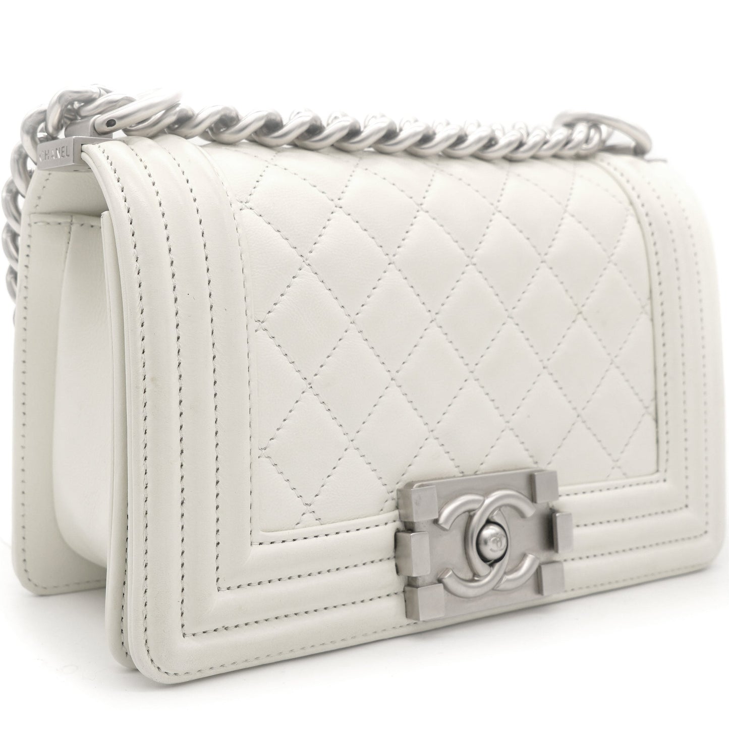 Calfskin Quilted Small Boy Flap White