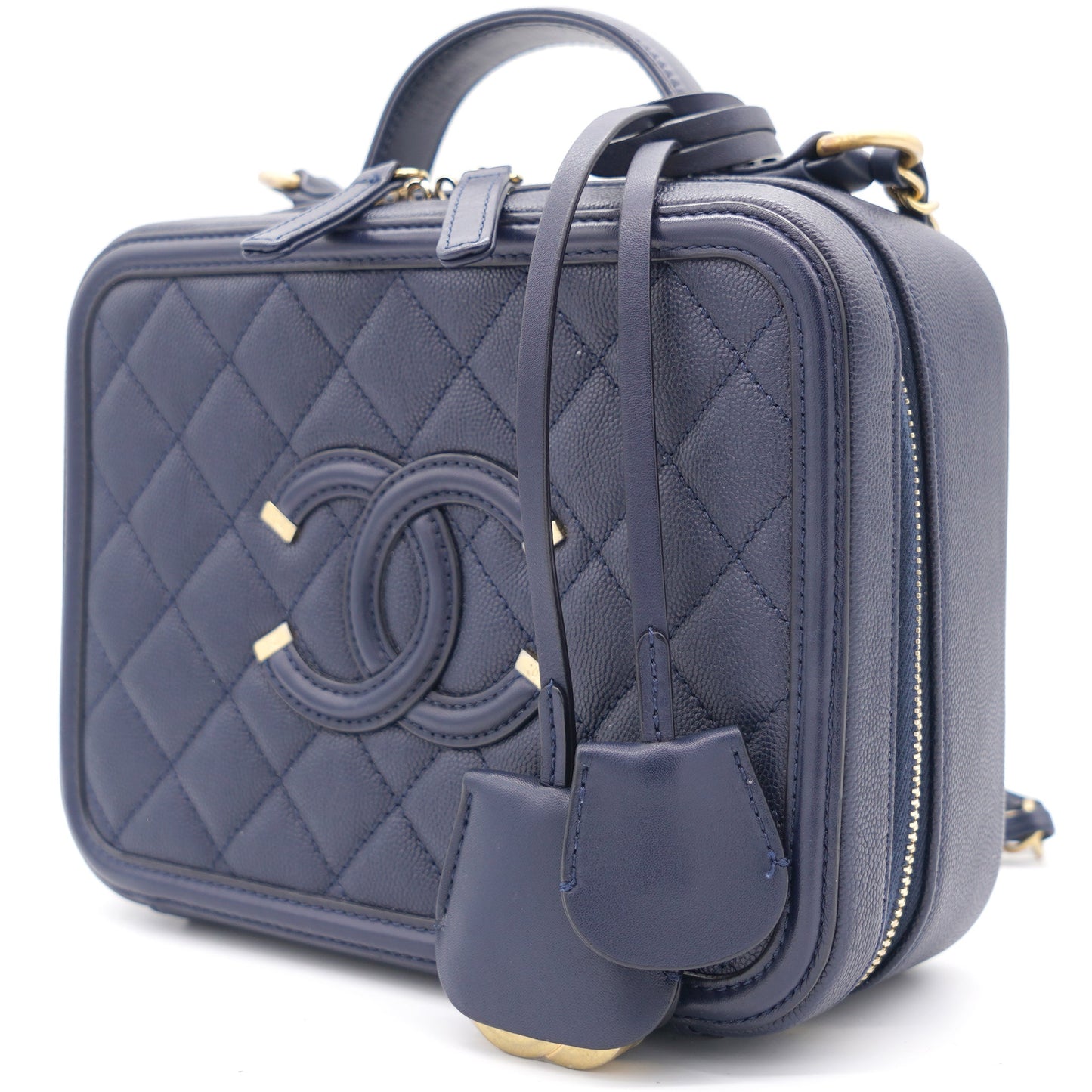 Navy Quilted Caviar Leather Medium CC Filigree Vanity Case Bag