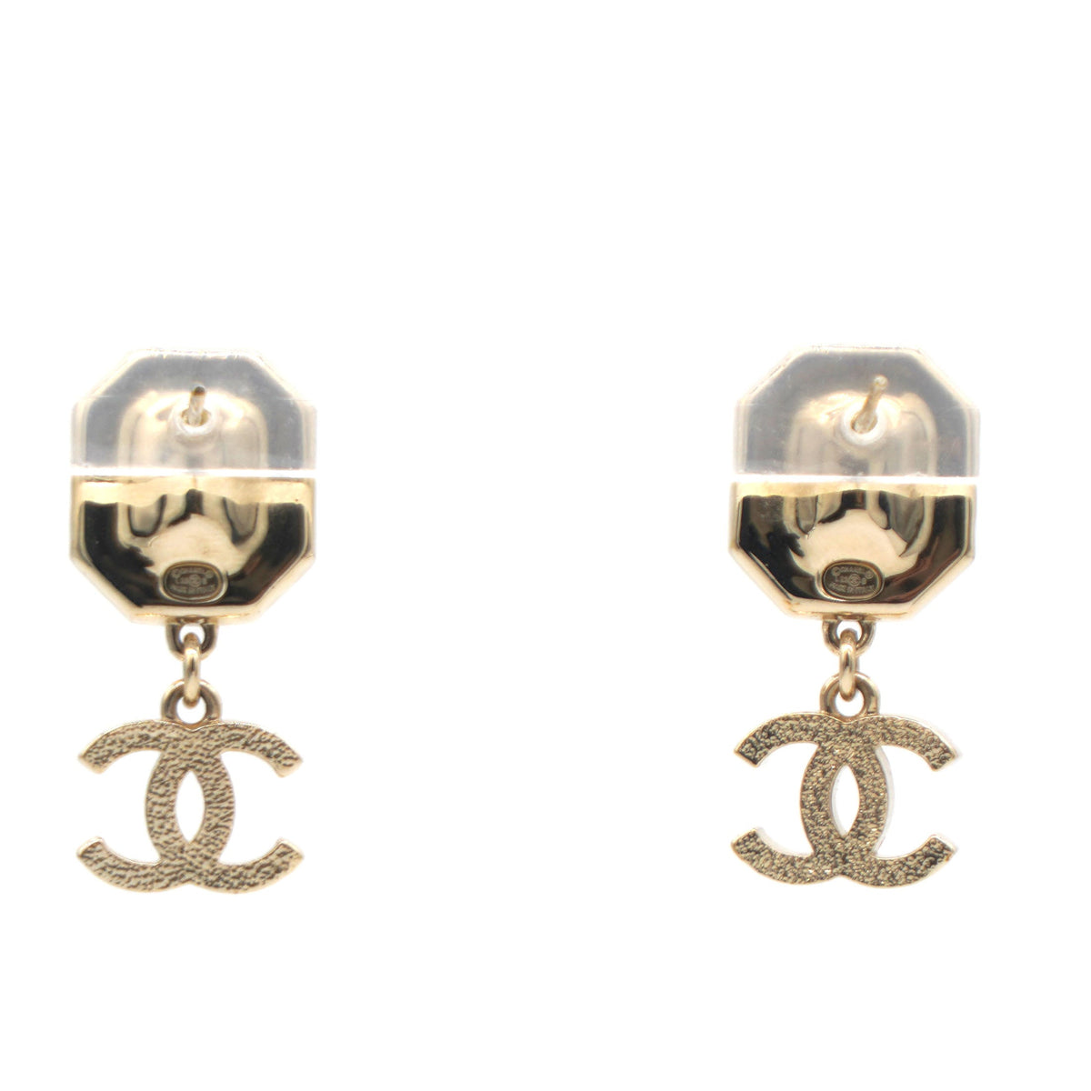 Gold Pearl White Crystal CC Logo Classic Stud Earrings