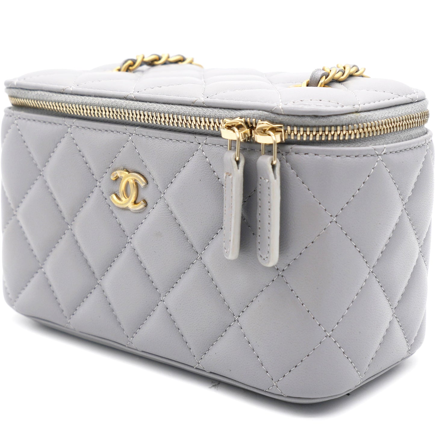 Lambskin Quilted Pearl Crush Small Vanity Case with Chain Grey