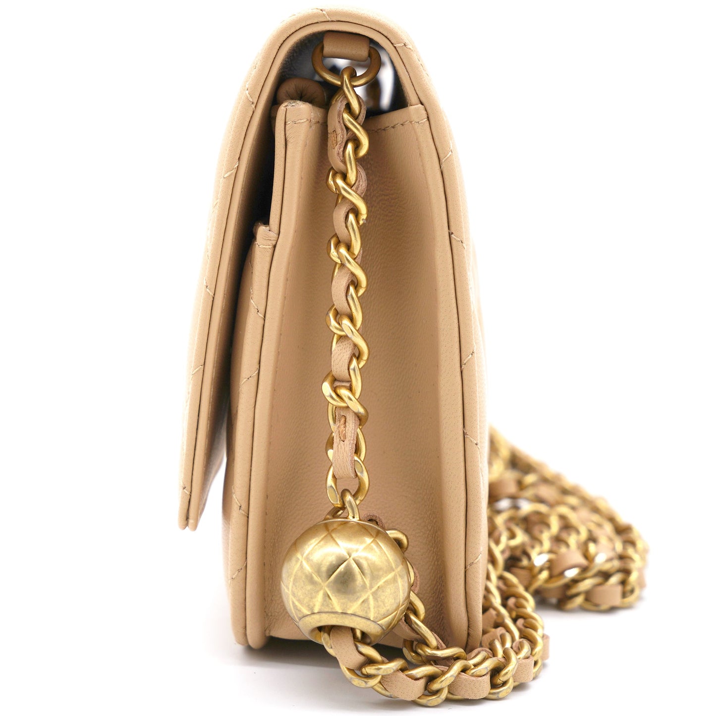 Lambskin Quilted CC Pearl Crush Wallet on Chain WOC Beige
