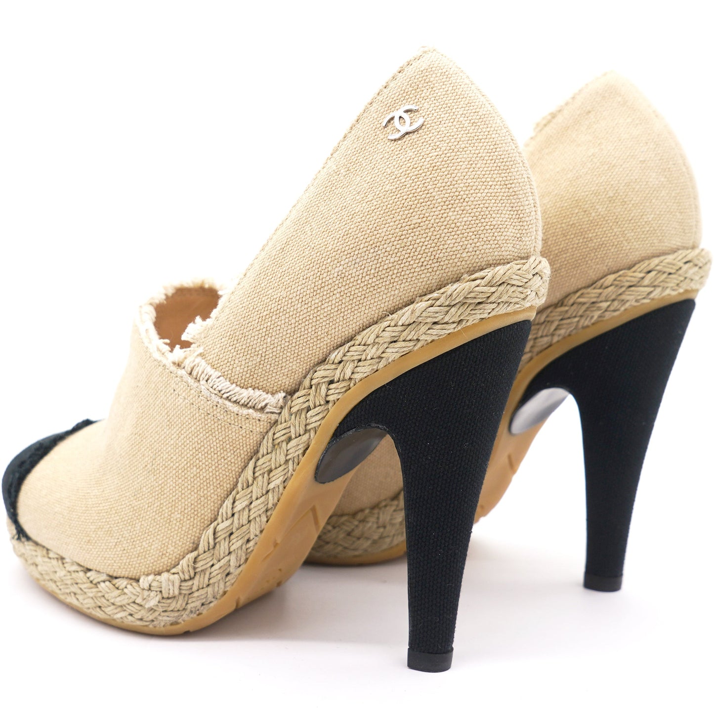 Beige/Black 2014 Frayed Canvas Espadrilles Pumps 36.5