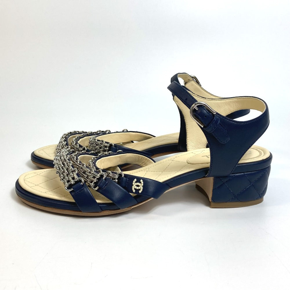 CHANEL Sandals G31704 lambskin Navy CC COCO Mark Shoes Matrasse Women 36.5C Used