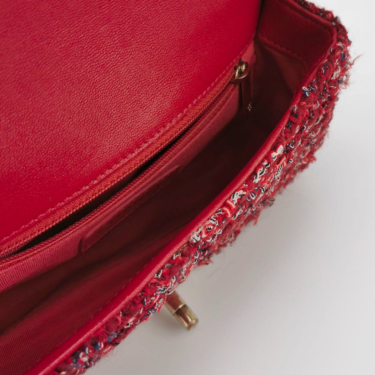 Chanel Red CC Mini Matelasse Tweed Leather Flap Chain Bag Gold Hardware