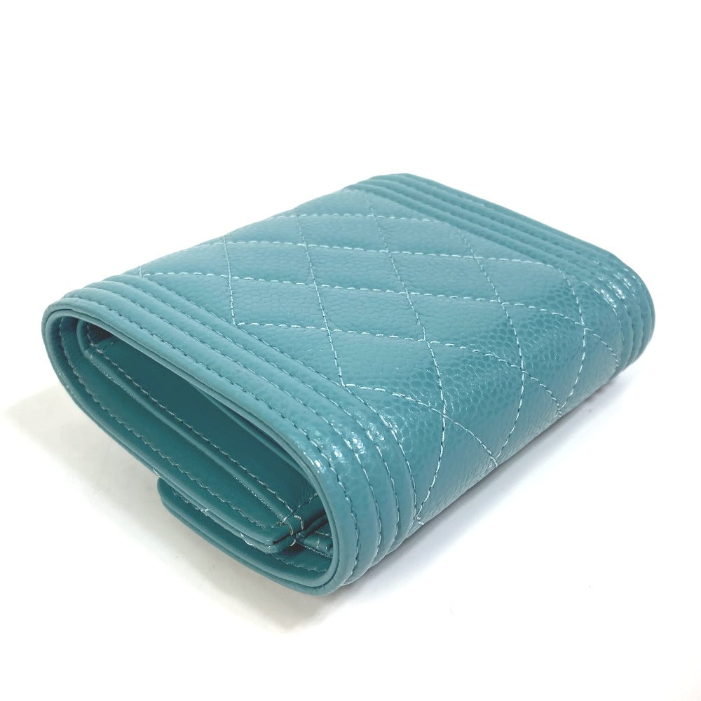 CHANEL Trifold wallet A84068 Soft caviar skin turquoise blue CC COCO Mark Boy chanel Women Used