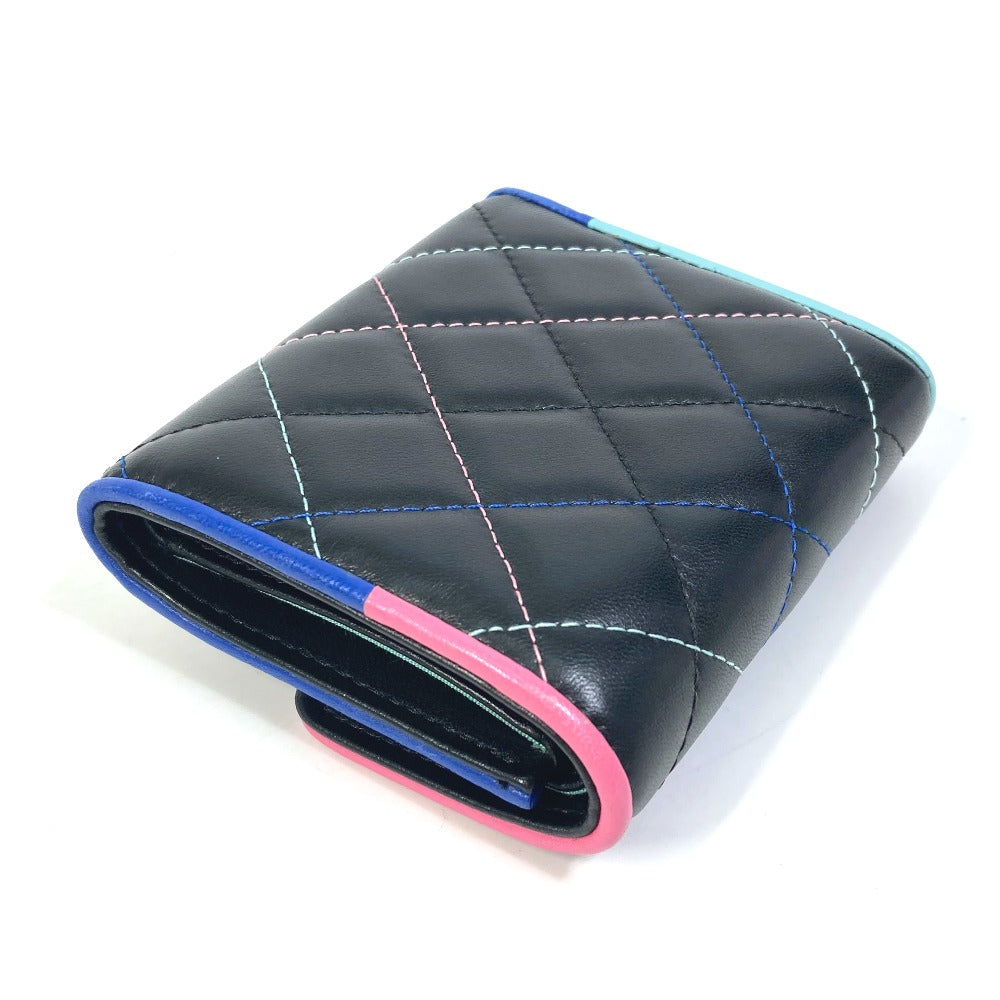 CHANEL Trifold wallet lambskin black CC COCO Mark Small flap Women Used
