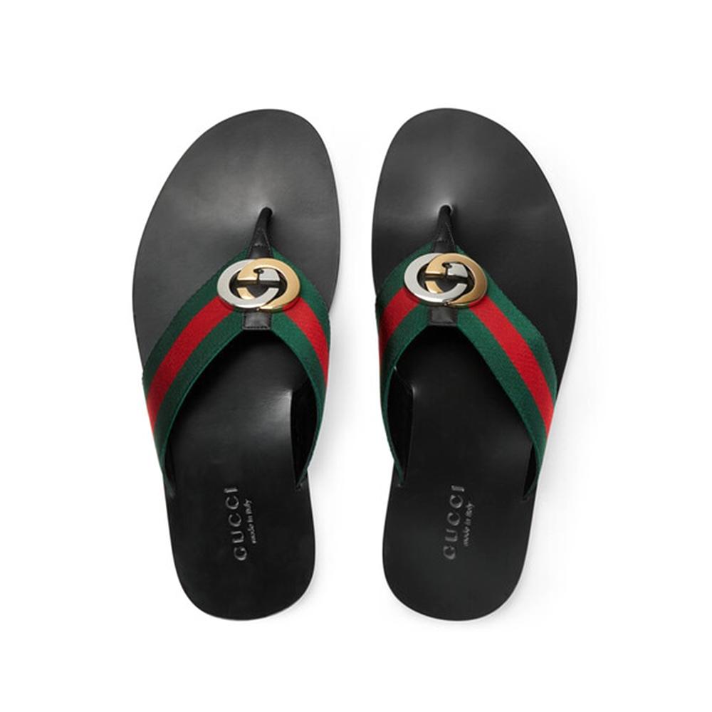 Gucci Men's Shoes Black, Red & Green Calf-Skin leather / Fabric Sandals (GGM1722)