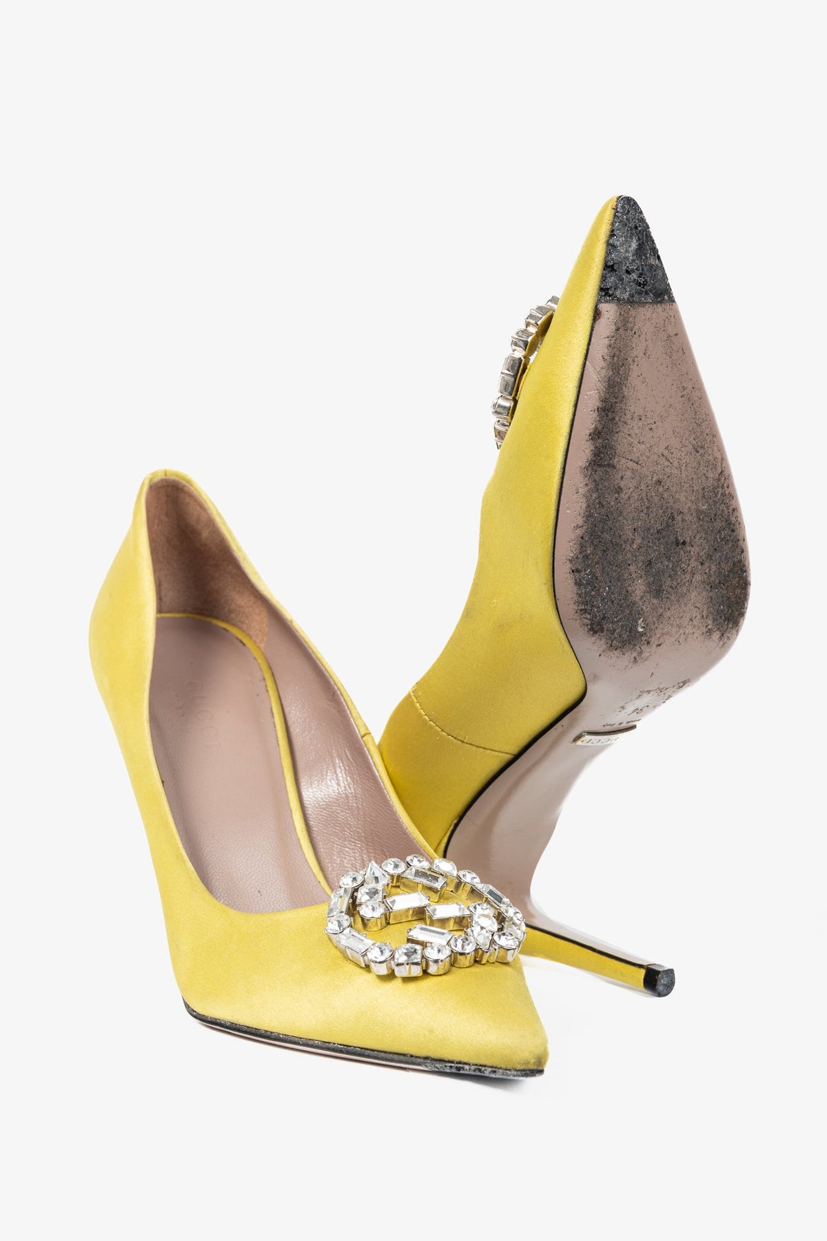 Gucci Yellow Raso Seta Crystal-GG Pointed-Toe Pumps