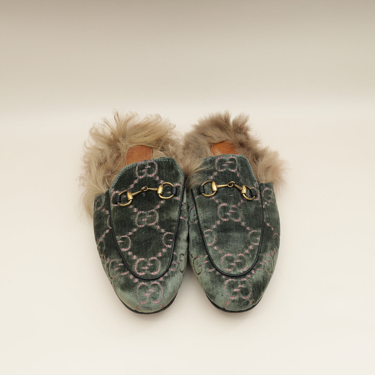 Gucci Olive GG Velvet Fur Princetown Mules 37