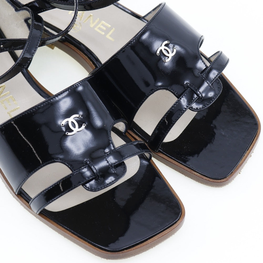 CHANEL Sandals Patent leather black Ankle strap flat COCO Mark Women 36 1/2 Used