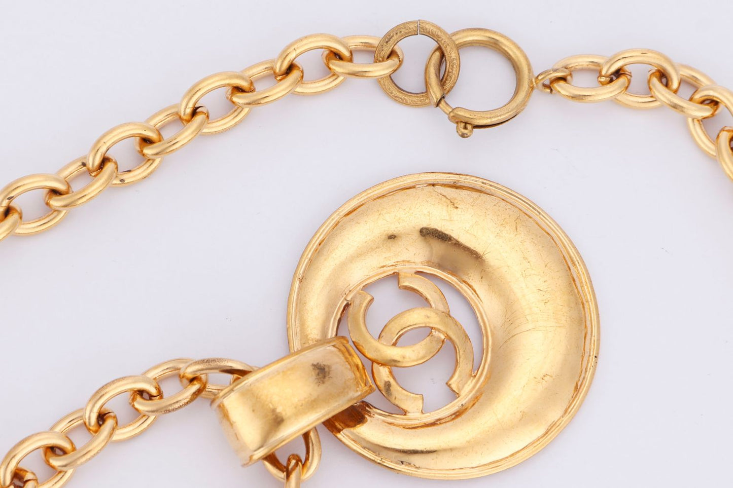 Chanel Gold Plated Necklace with Large Diameter 5cm CC Pendant, long 72cm, with Box