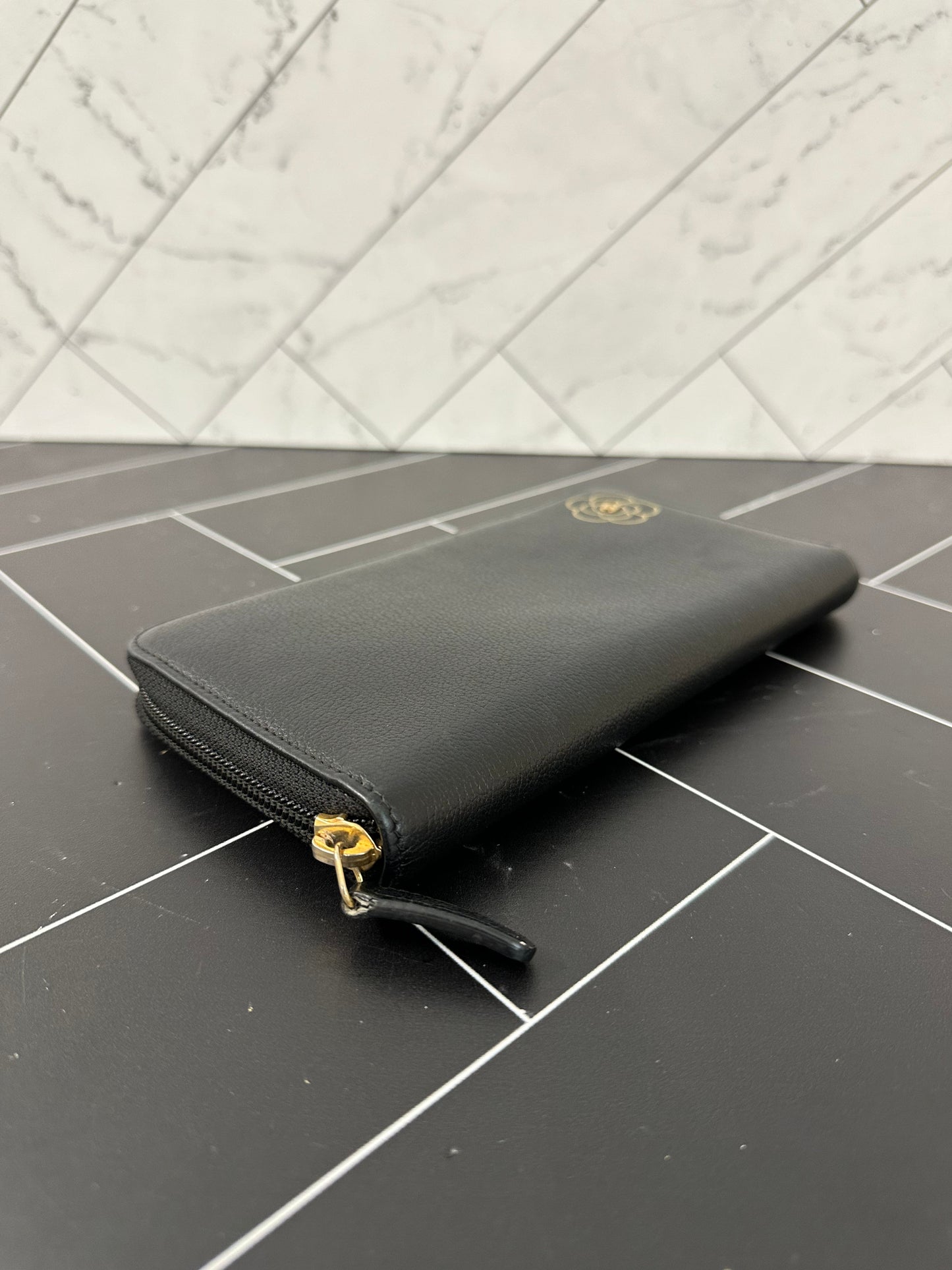 Chanel Black Leather Camelia Zippy Wallet