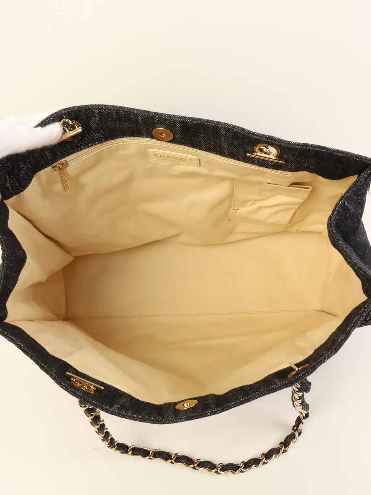 Chanel Around Made Denim Airplane Cc Mark Embroidered Chain Tote Bag Indigo