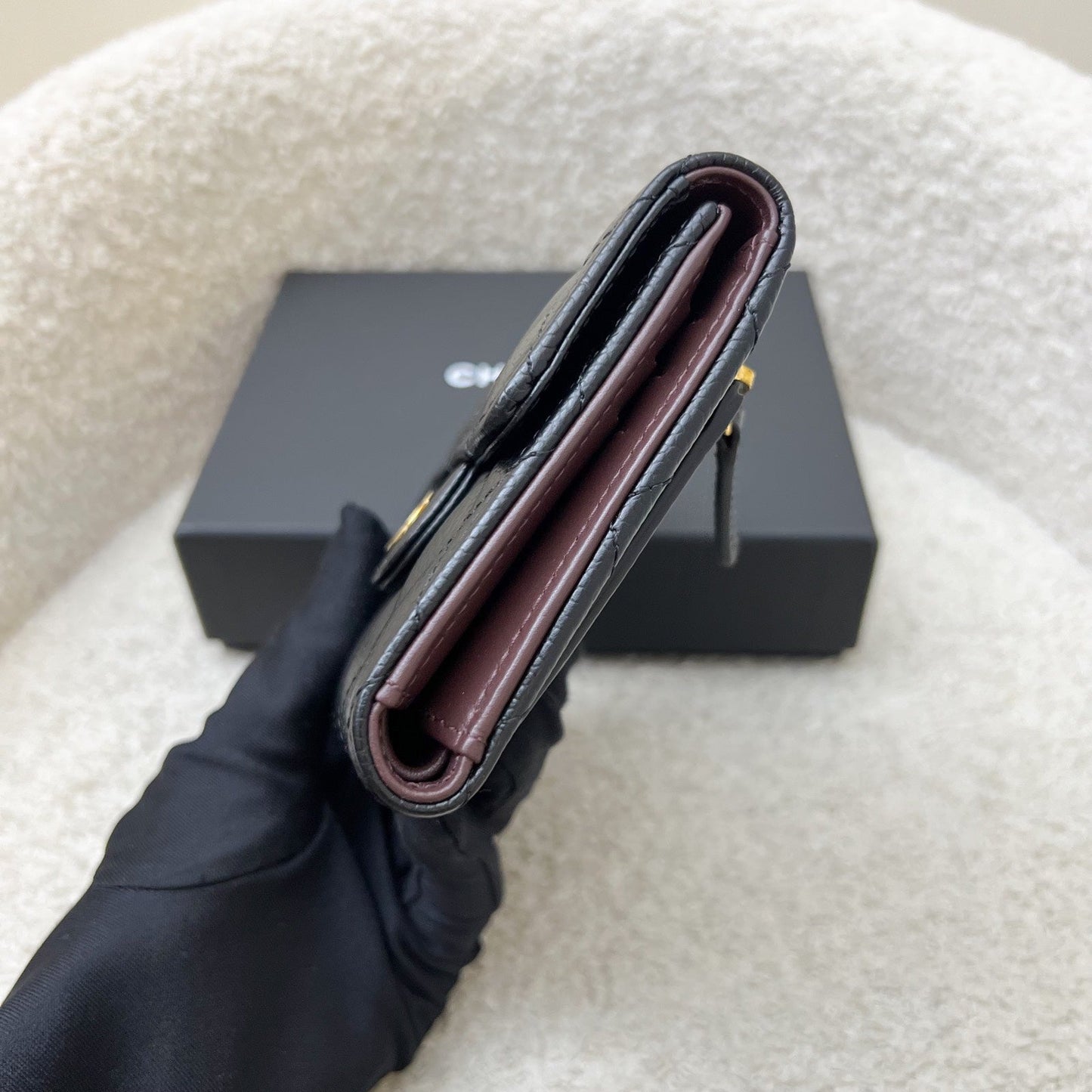 Chanel Classic Trifold Compact Wallet in Black Caviar and GHW