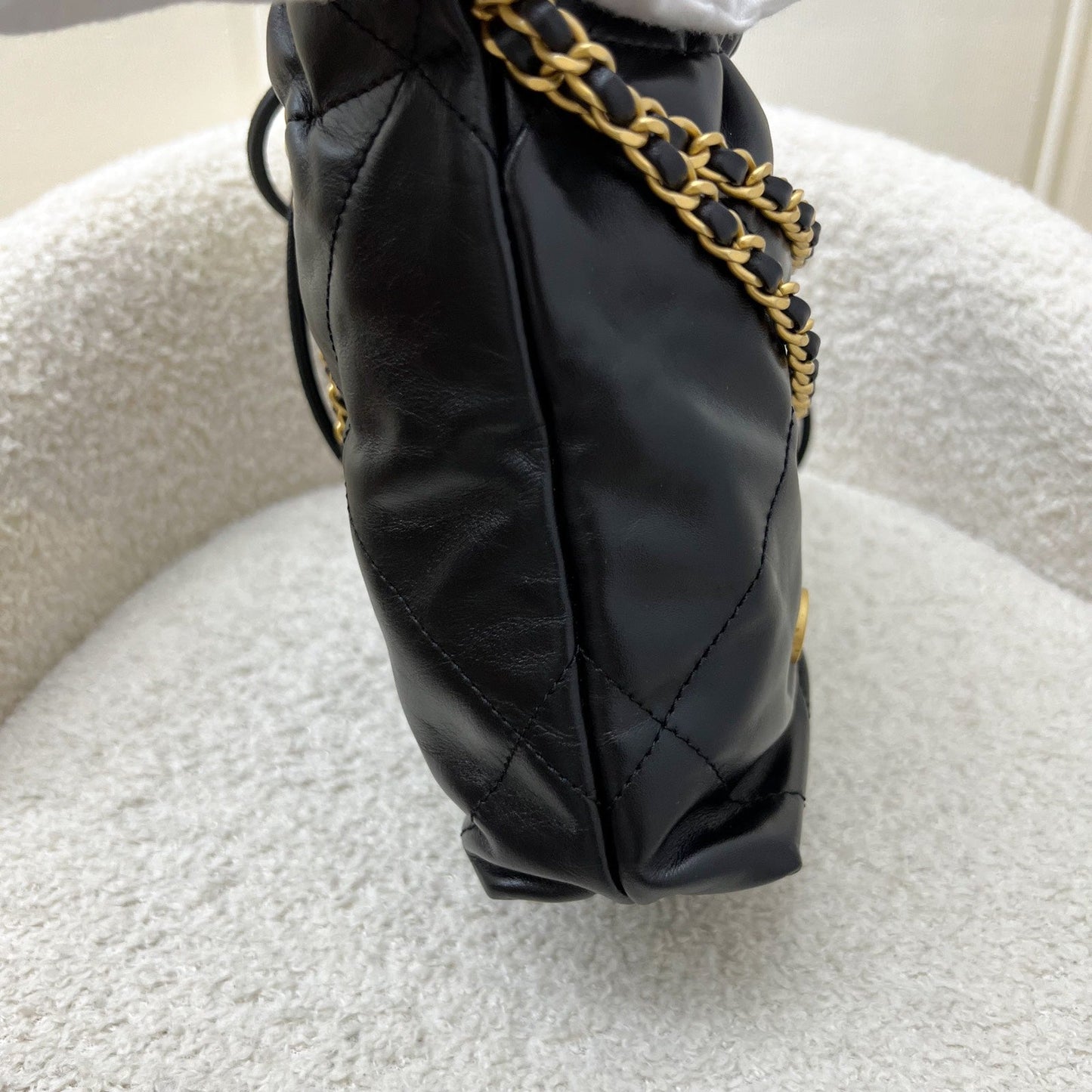 Chanel 22 Mini Hobo Handbag in Black Shiny Calfskin and AGHW