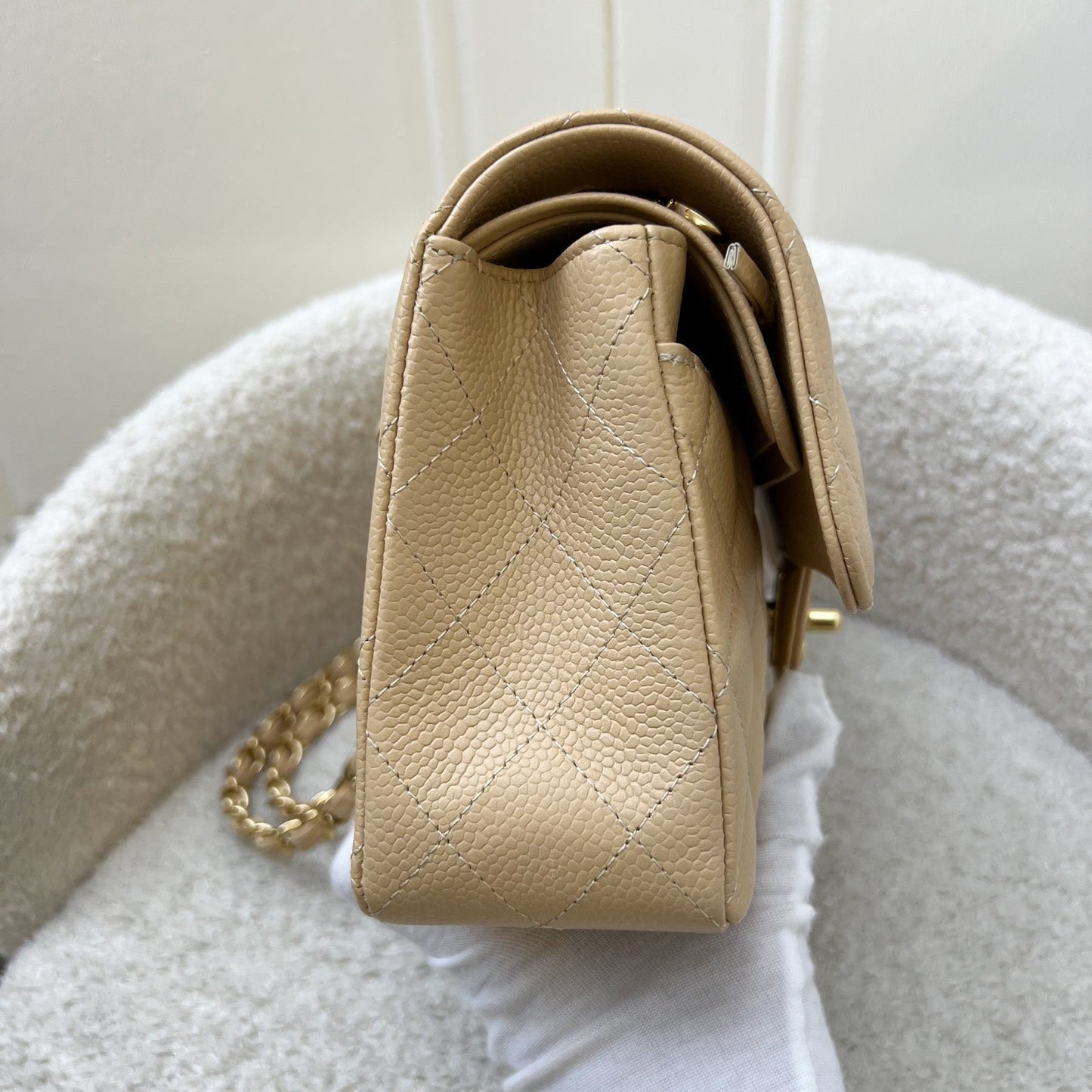 Chanel Small Classic Flap CF in Beige Caviar and GHW