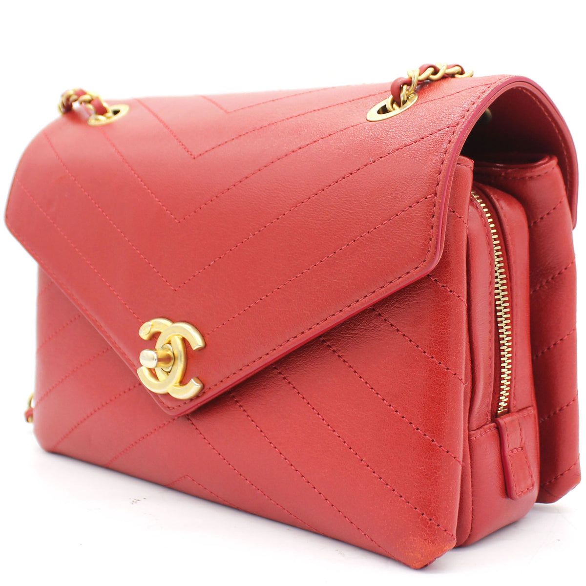 Calfskin Chevron Stitched Small Coco Flap Bag Red