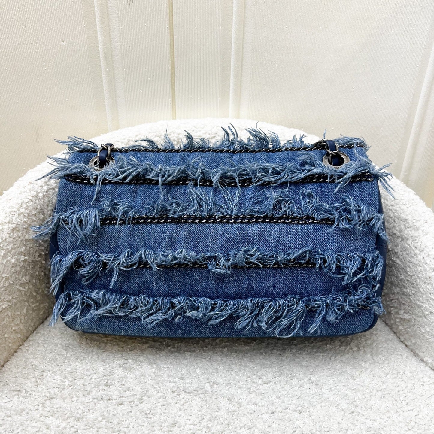 Chanel 15C Flap Bag with Fringe in Blue Denim, Calfskin and SHW (Model: A92708)