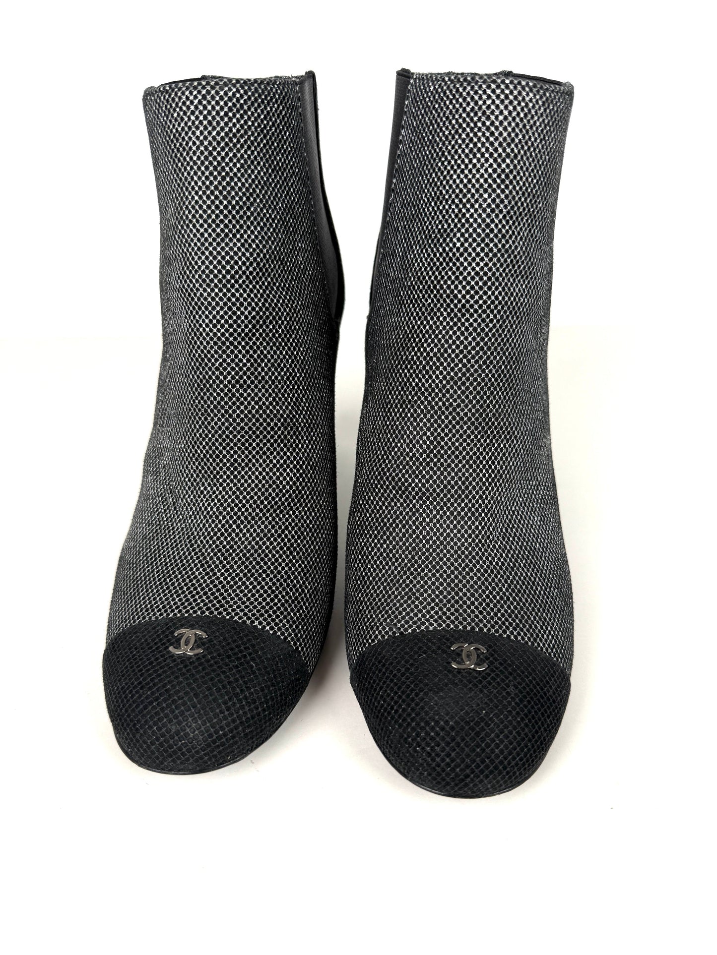 CHANEL Black Silver Tweed CC Logo Ankle Booties Boots 40 9.5