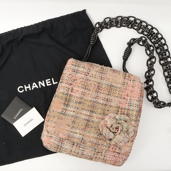 Chanel Around 2005 Made Tweed Camellia Design Chain Shoulder Bag Pink/Multi