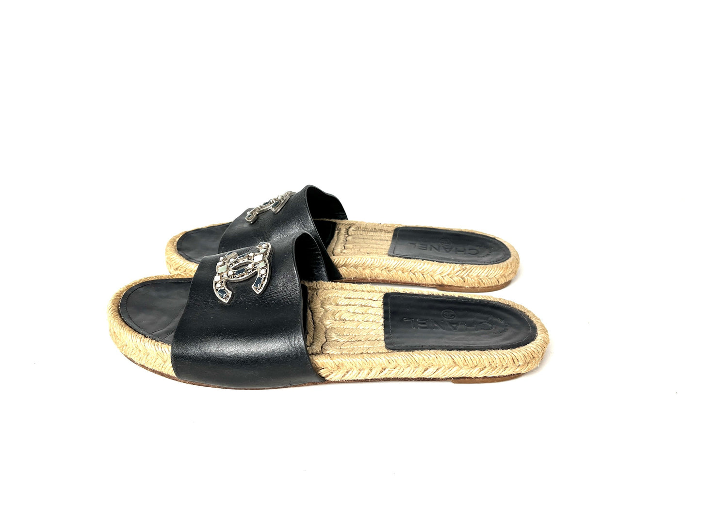CHANEL 2017 Espadrille Black CC Logo Leather Slip on Slides Sandals 41 10.5