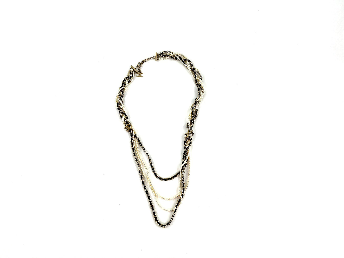 Chanel Faux Pearl Chain Leather Multistrand CC Long Necklace