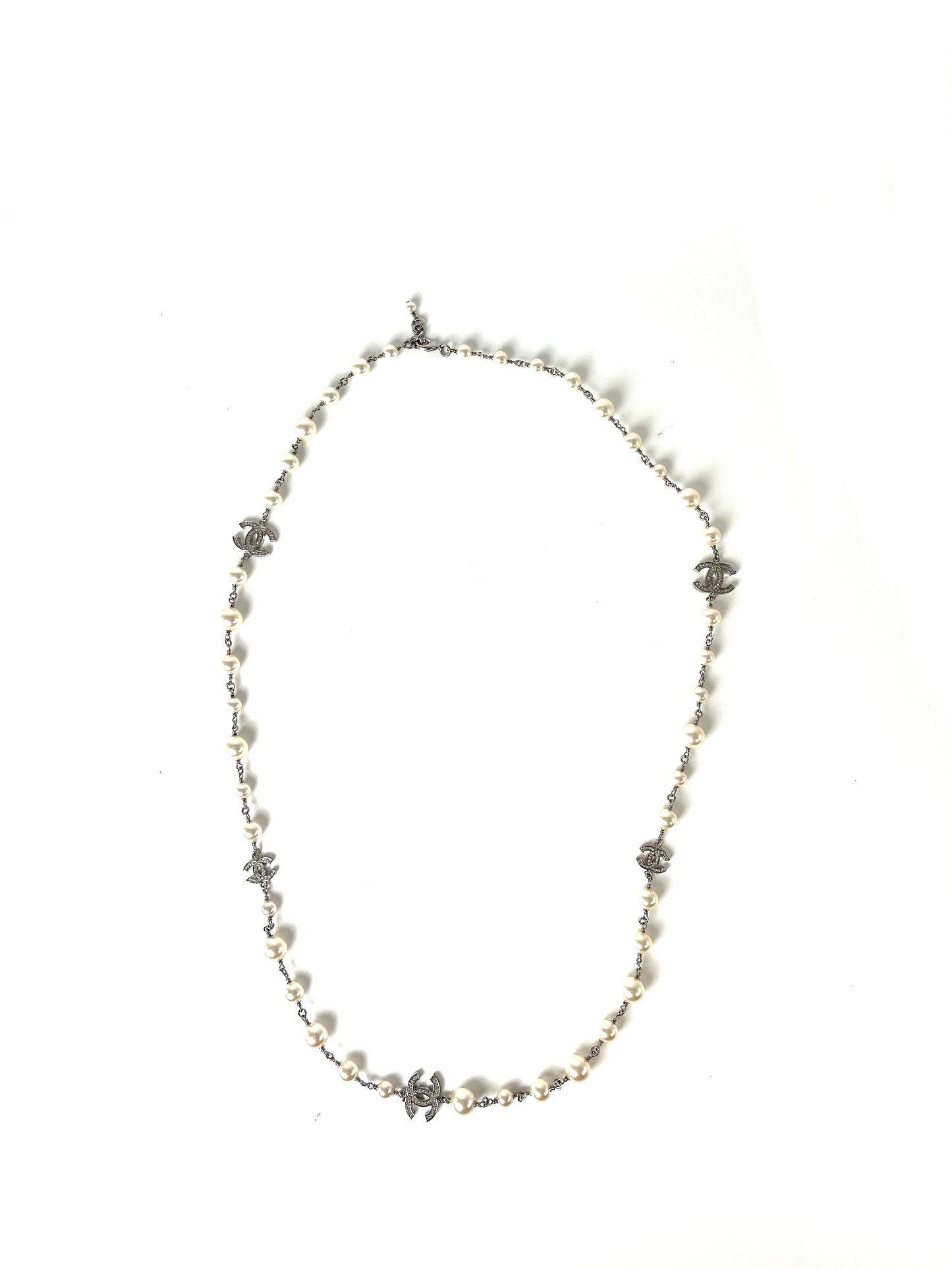 CHANEL Faux Pearl and Strass 2020 CC Long Station Classic Necklace
