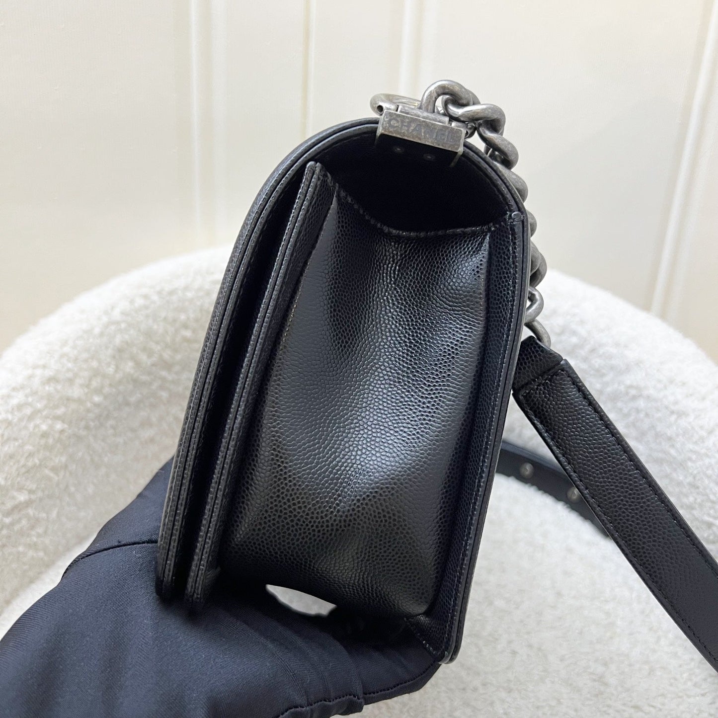 Chanel Medium 25cm Boy Flap in Black Caviar and RHW (Model: A67086)