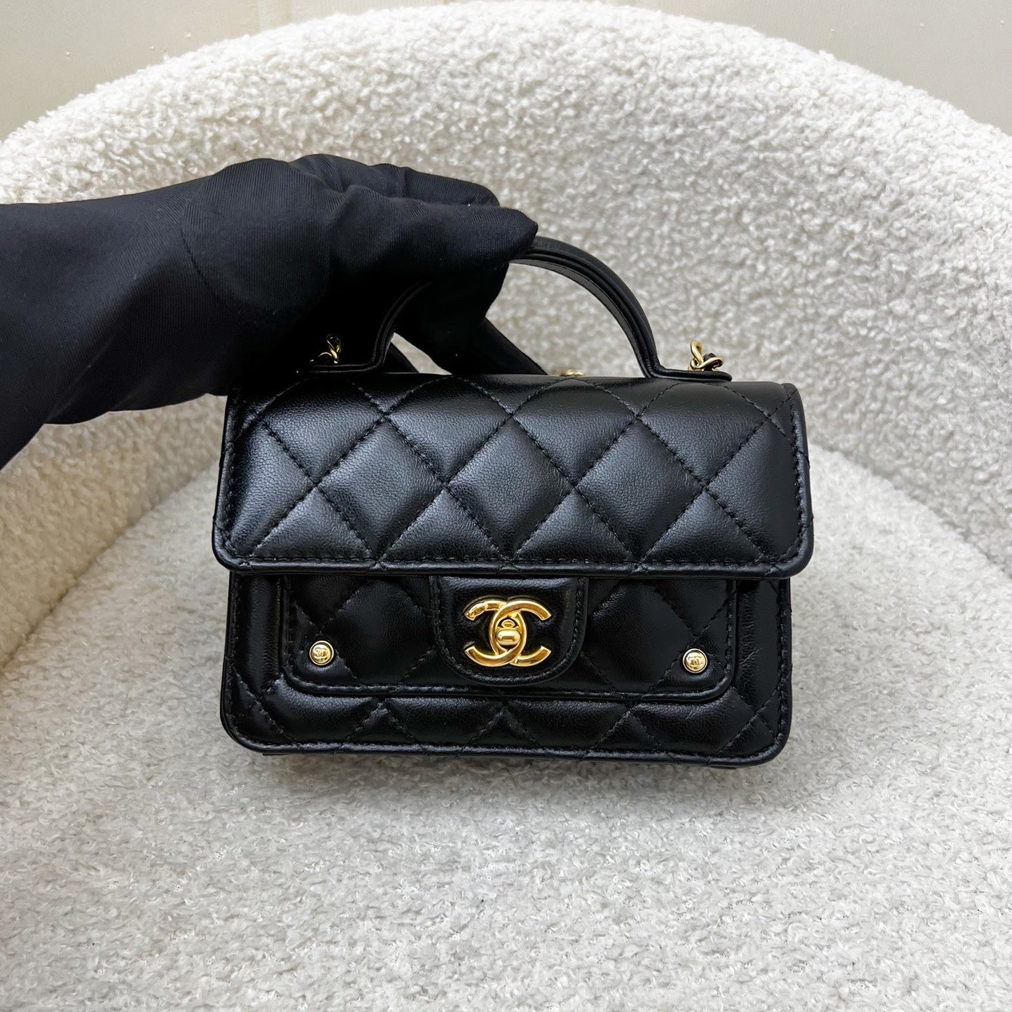 Chanel 25B Mini Clutch on Chain with Top Handle in Black Shiny Lambskin and AGHW