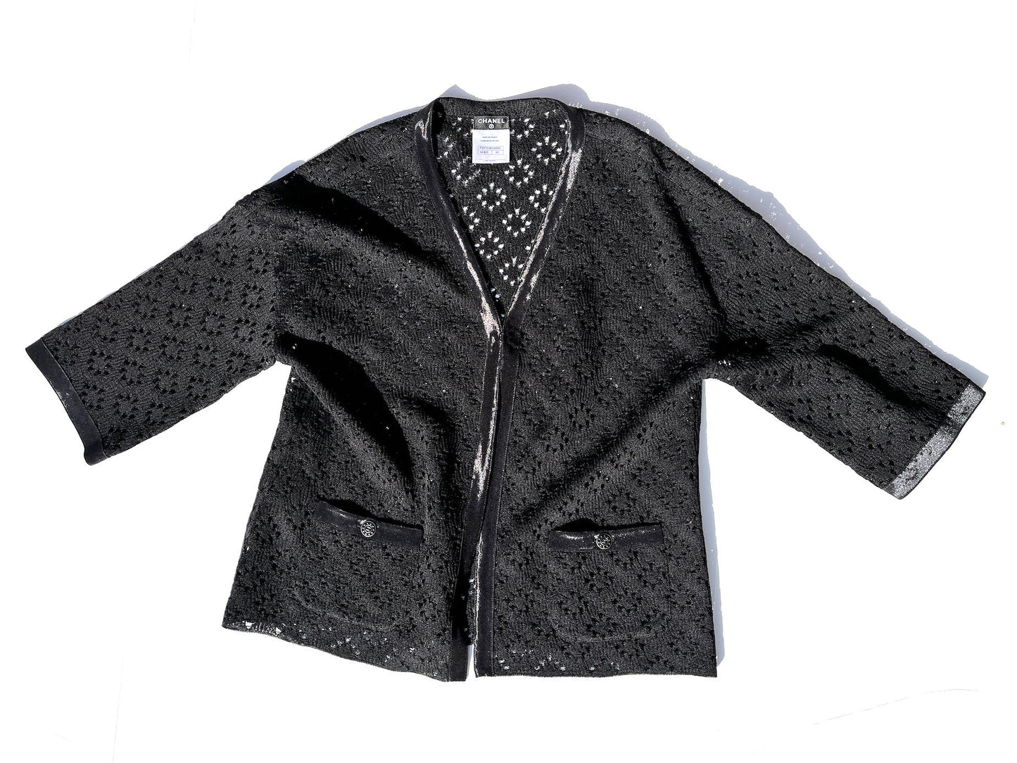 CHANEL Perforated Black Silk Knit Jacket Cardigan 40 M 8