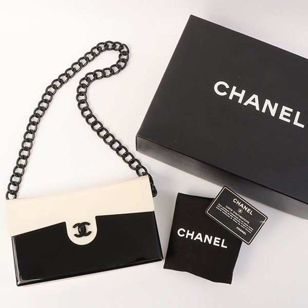 Chanel Around 2001 Made Plastic Bicolor Chain Shoulder Bag Ivory/ Black