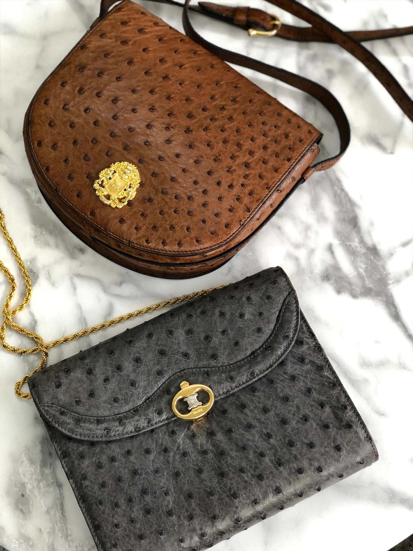 CELINE Triomphe Ostrich Two way Chain Shoulder Bag Clutch bag Gray Old Celine Vintage vybyhv