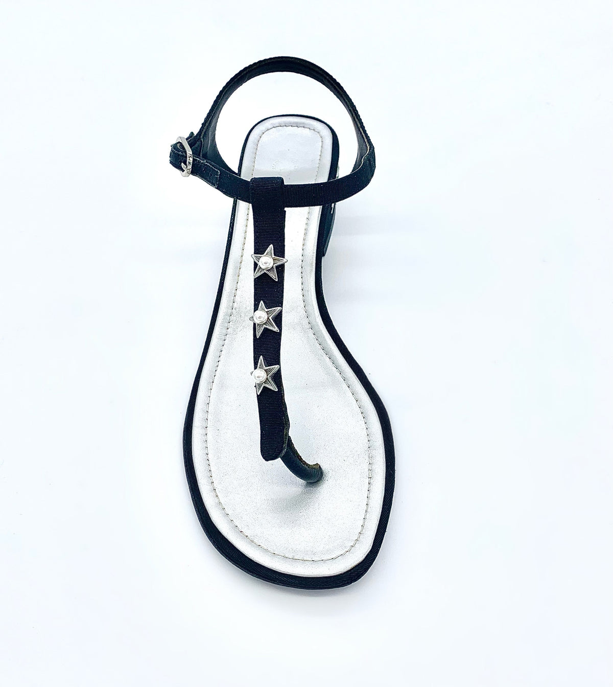 CHANEL T-STRAP PEARL EMBELLISHED BLOCK HEEL SANDALS