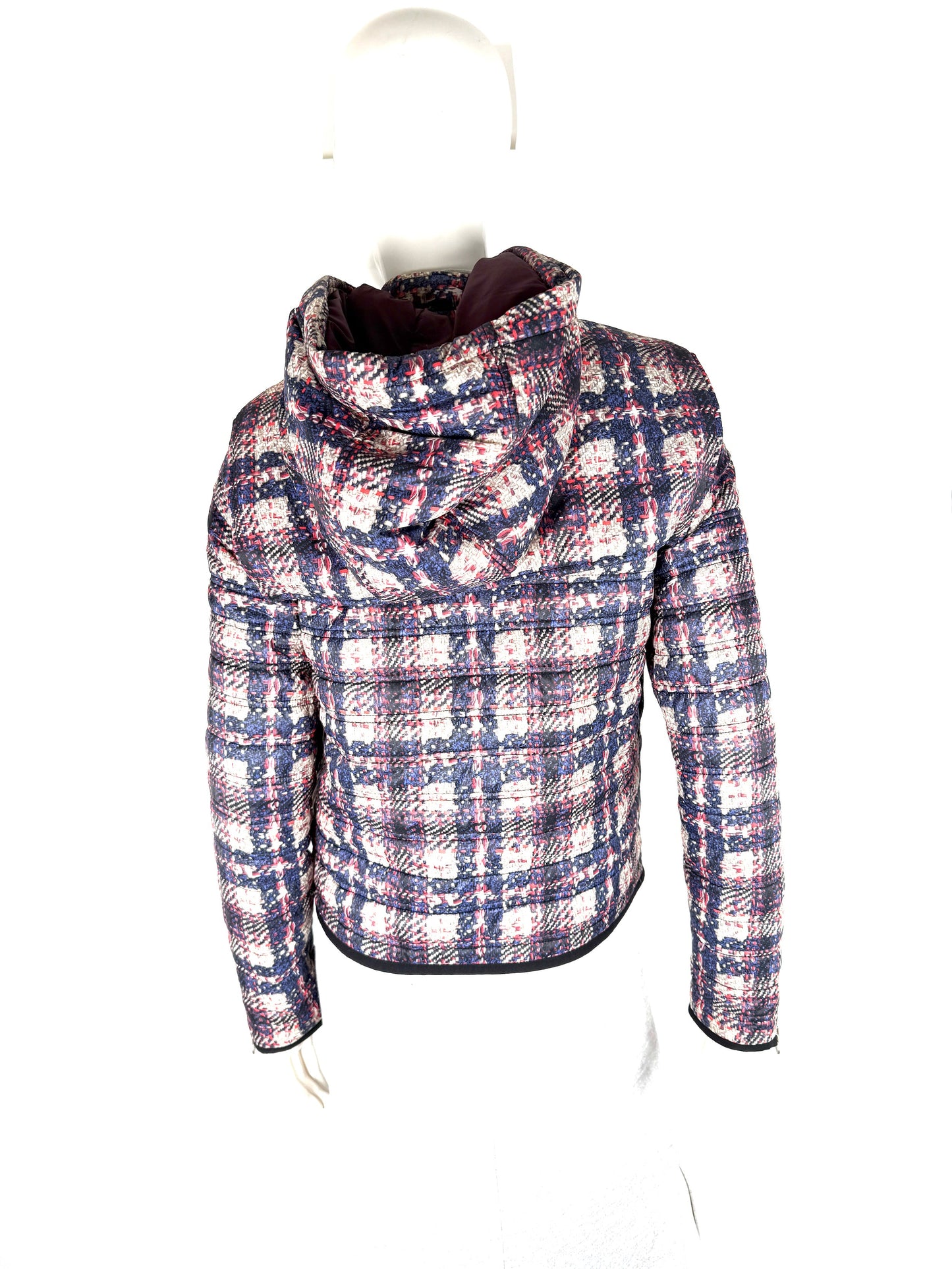 CHANEL Tweed Print Navy Beige Burgundy Nylon Zip Hooded Jacket 38