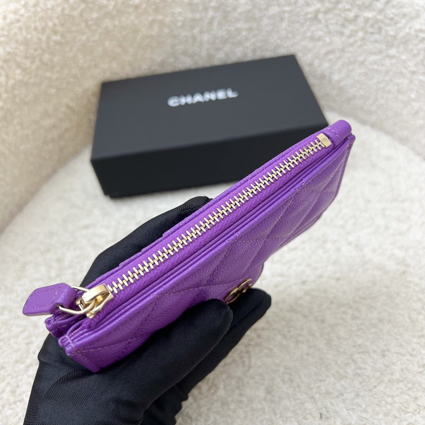 Chanel Snap Card Holder with Zipped Coin Compartment in 24A Purple Caviar and LGHW