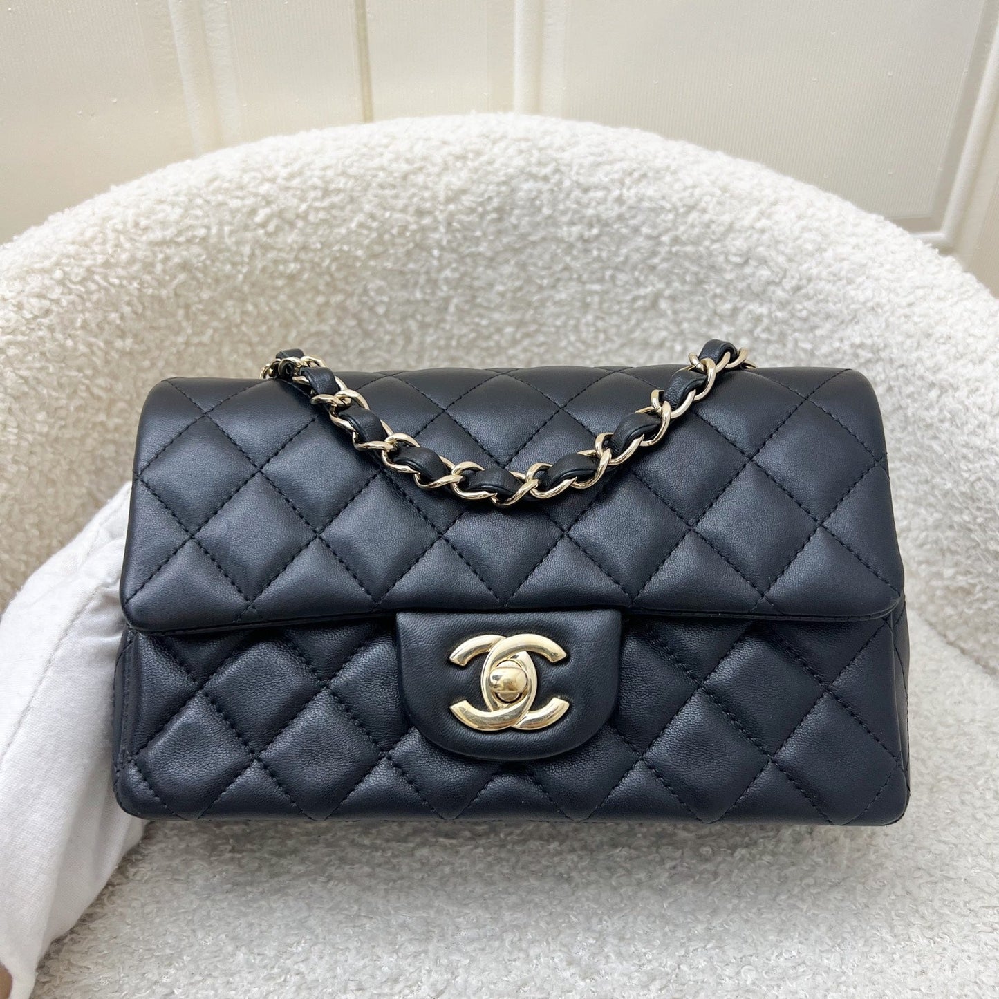 Chanel Classic Mini Rectangle Flap in Black Lambskin and LGHW (Model: A69900)